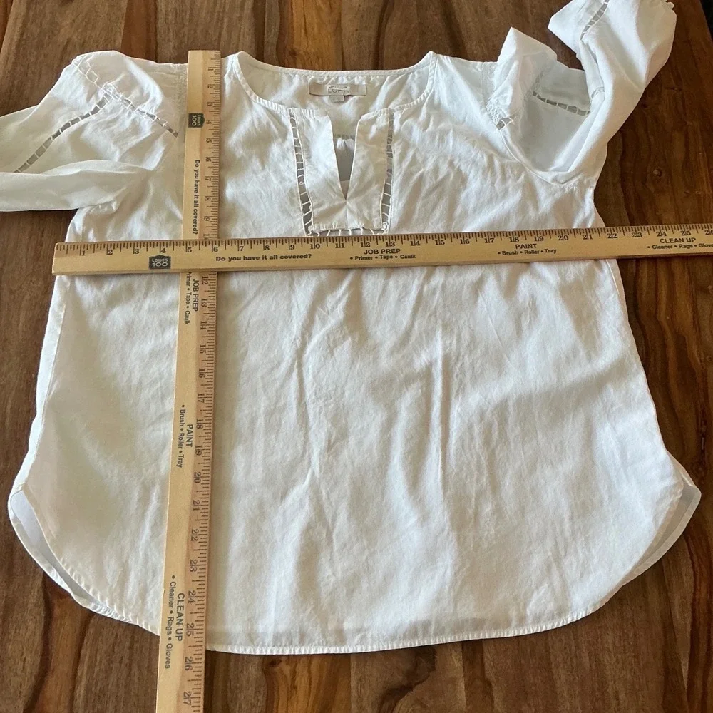 LOFT White Cotton Ladder Lace Balloon Sleeve Blouse Womens Medium Split Neck